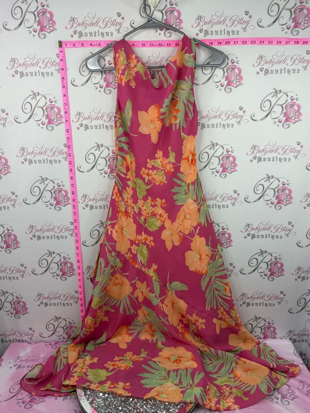 Dress Y2K long maxi flower Floral Cowl Neck Maxi Dress - Pink with Orange Floral - Picture 2 of 10